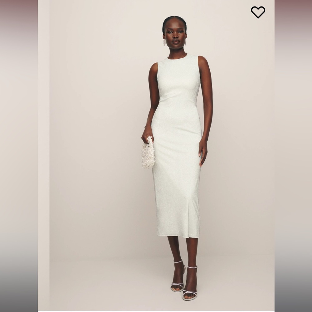 NWT NEW Reformation Maevery Knit Midi Dress in White Silver Sparkle Size Small